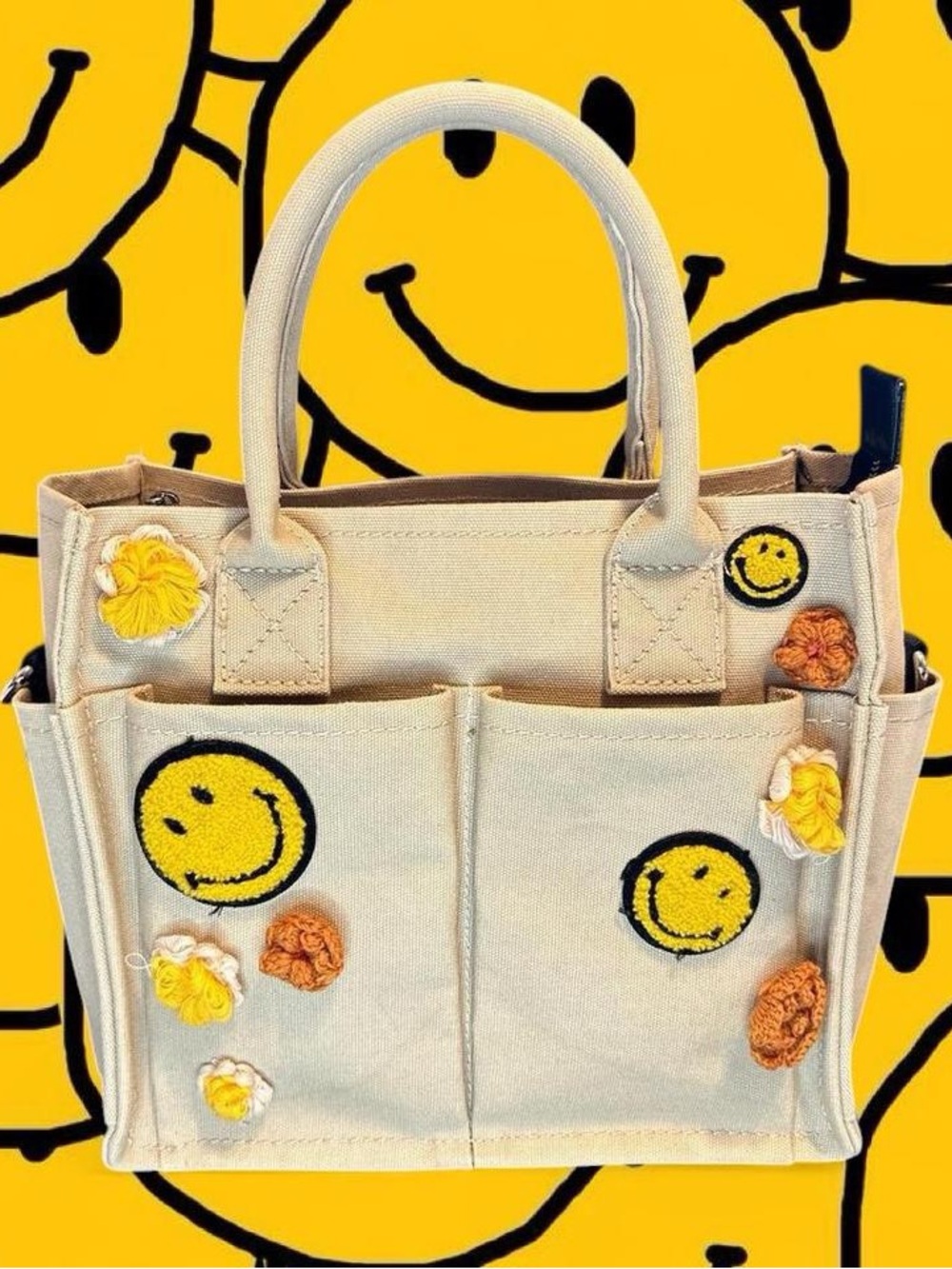 Zara Cream Canvas Tote with Yellow Smile Patches